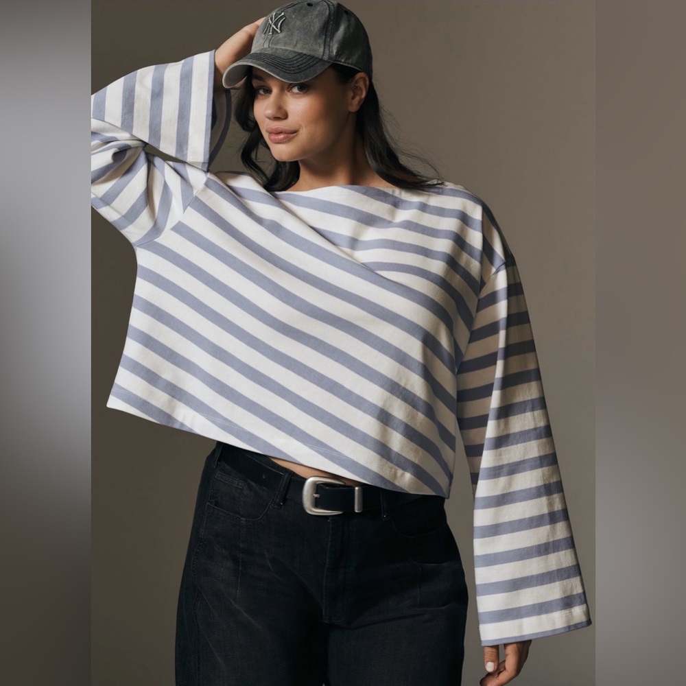 Maeve Lavender and White Striped Long Sleeve Tee